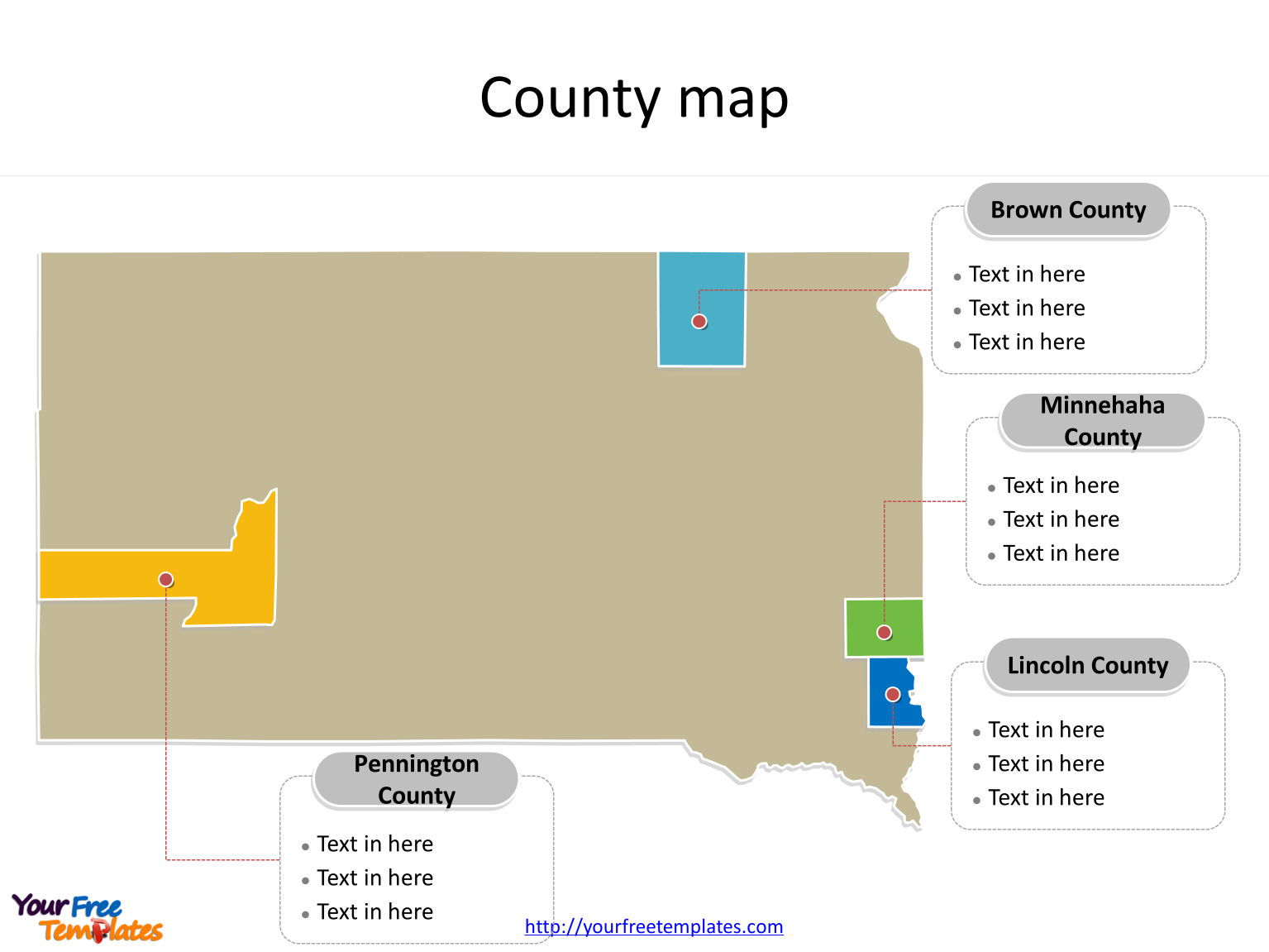 State of South Dakota map with most populated counties labeled on the South Dakota maps PowerPoint templates