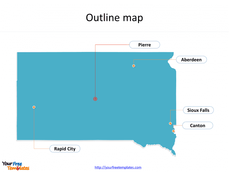State of South Dakota map with outline and cities labeled on the South Dakota maps PowerPoint templates