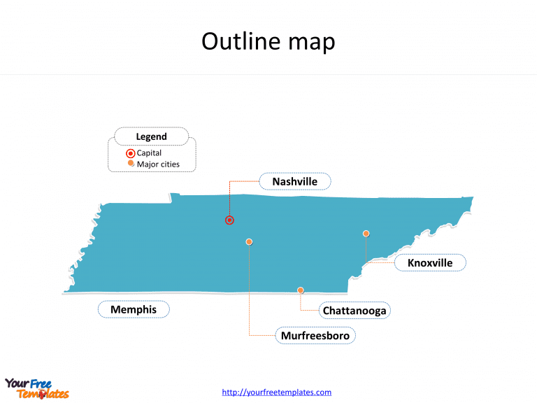 State of Tennessee map with outline and cities labeled on the Tennessee maps PowerPoint templates