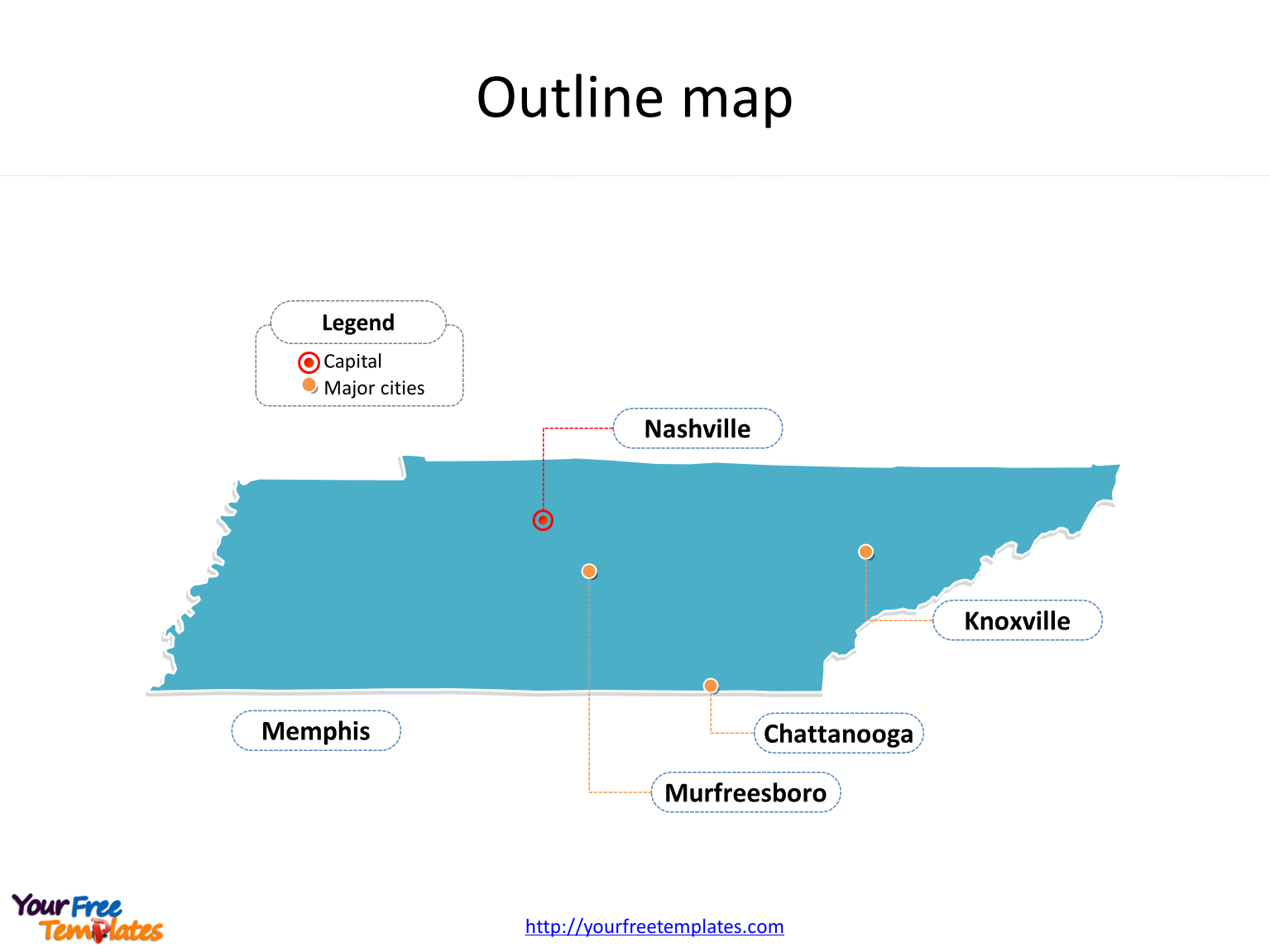State of Tennessee map with outline and cities labeled on the Tennessee maps PowerPoint templates