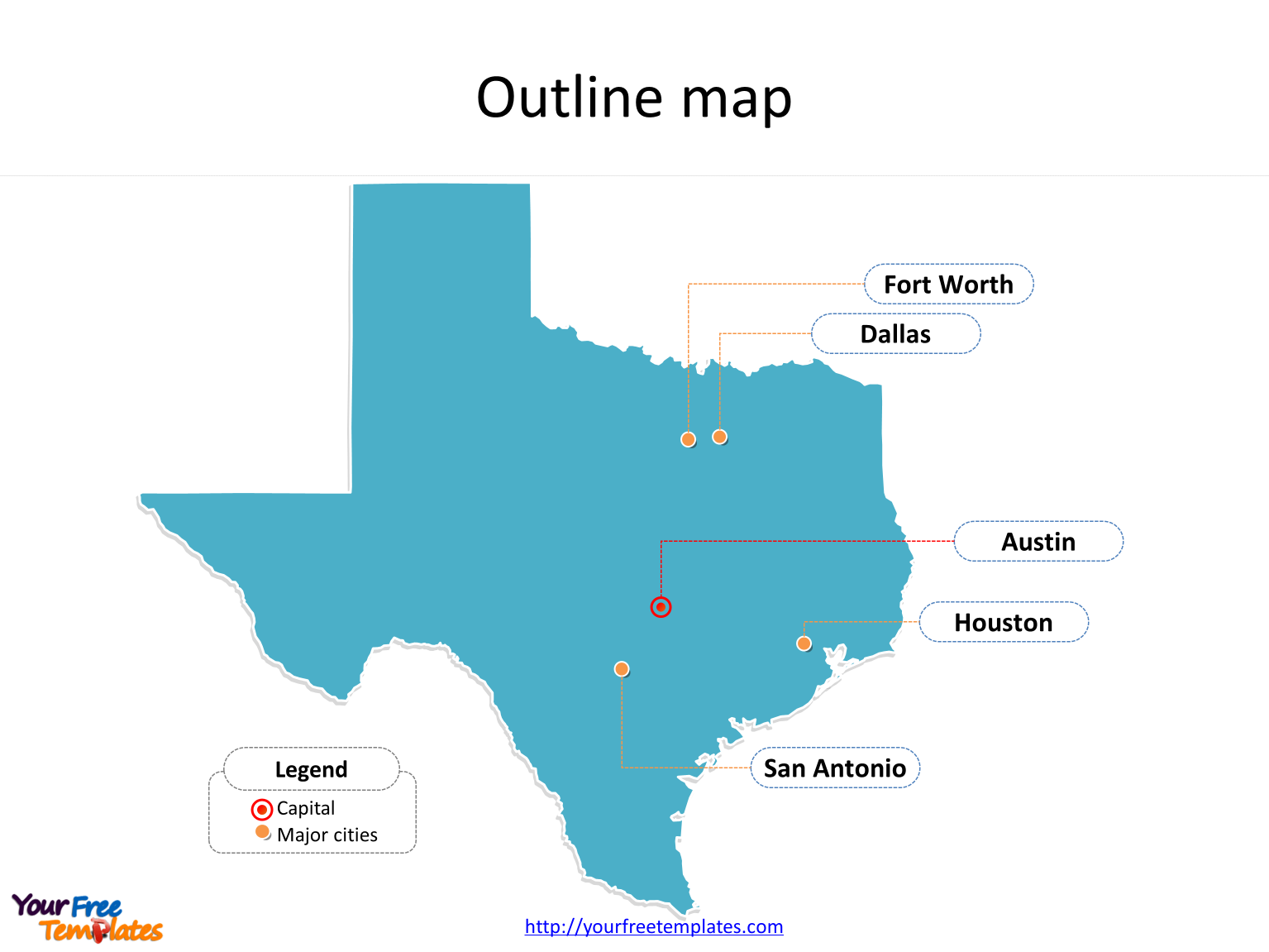 State of Texas map with outline and cities labeled on the Texas maps PowerPoint templates