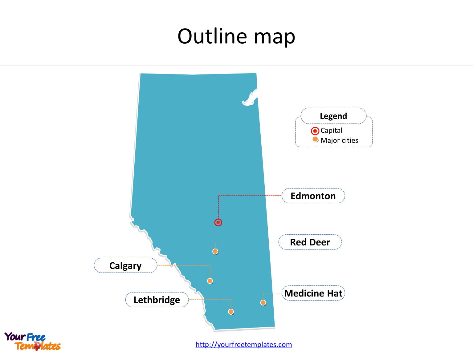 Province of Alberta map with outline and cities labeled on the Alberta maps PowerPoint templates