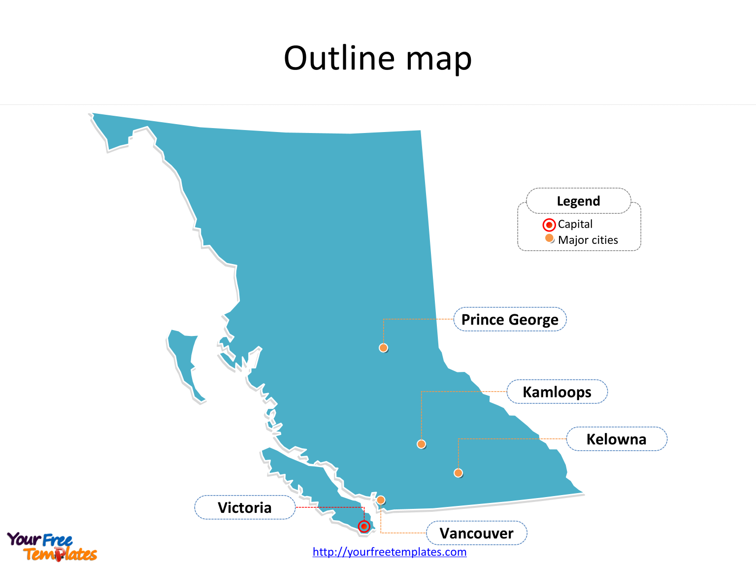 Province of British Columbia map with outline and cities labeled on the British Columbia maps PowerPoint templates