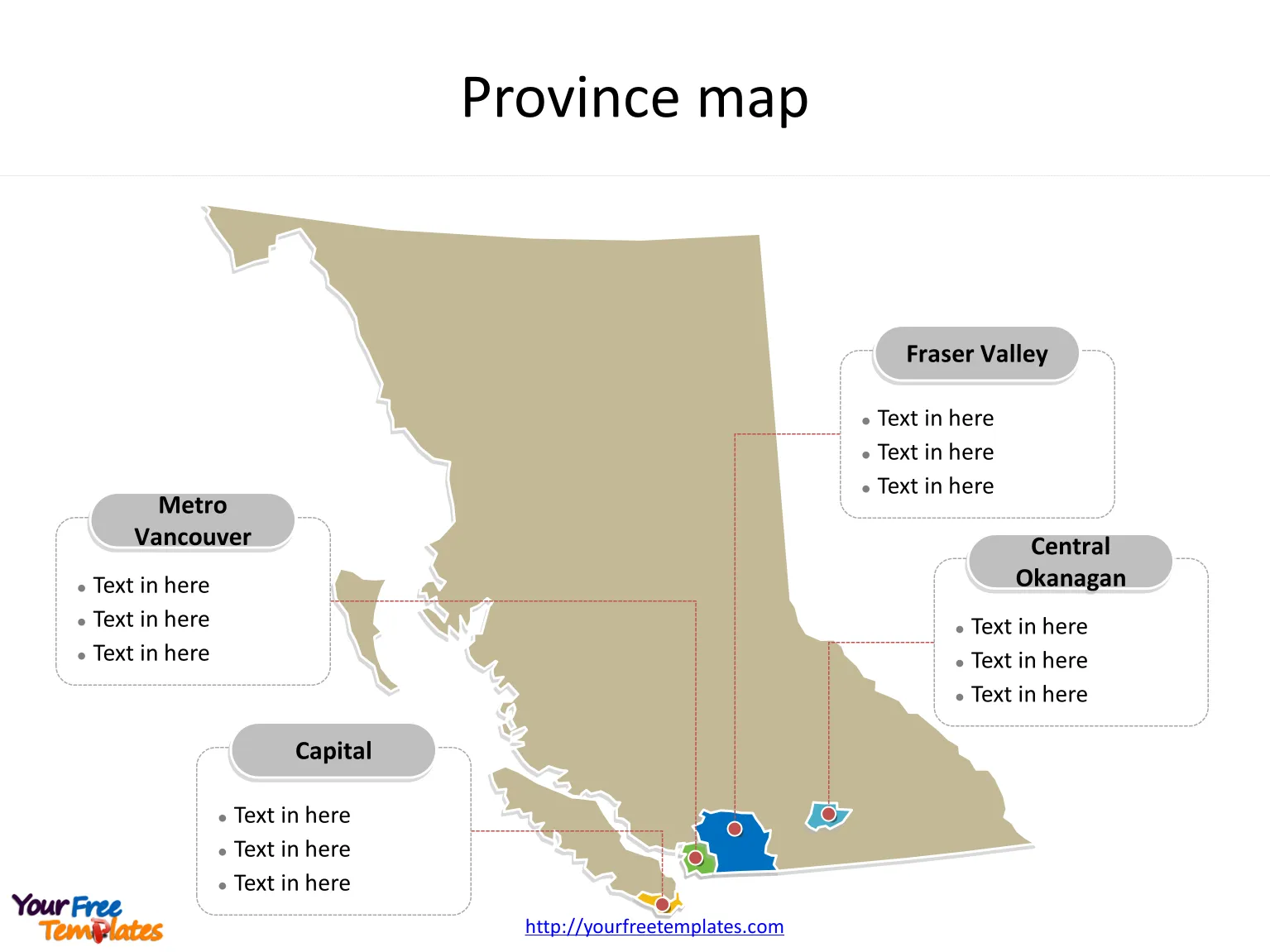 Province of British Columbia map with most populated regional districts labeled on the British Columbia maps PowerPoint templates