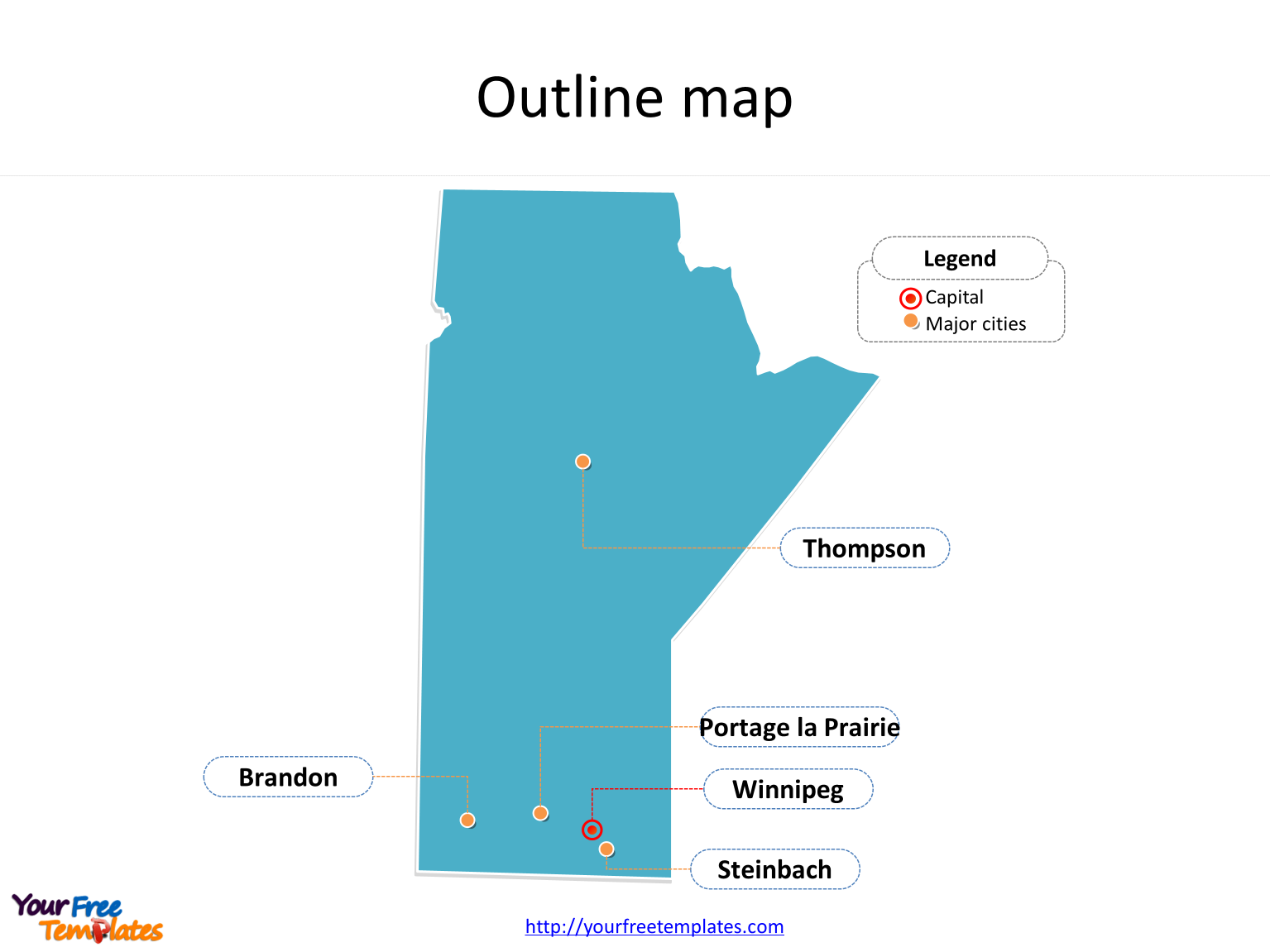 Province of Manitoba map with outline and cities labeled on the Manitoba maps PowerPoint templates
