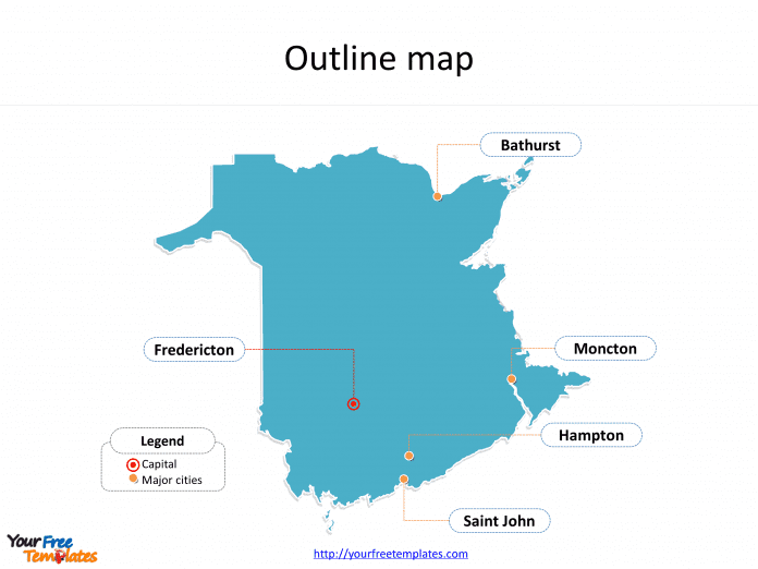 Province of New Brunswick map with outline and cities labeled on the New Brunswick maps PowerPoint templates