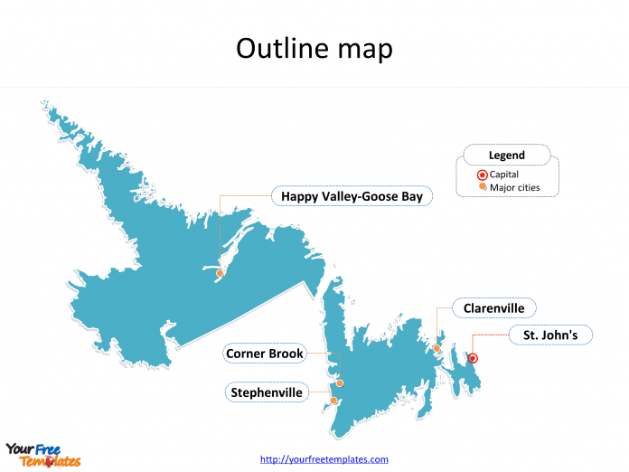 Province of Newfoundland and Labrador map with outline and cities labeled on the Newfoundland and Labrador maps PowerPoint templates