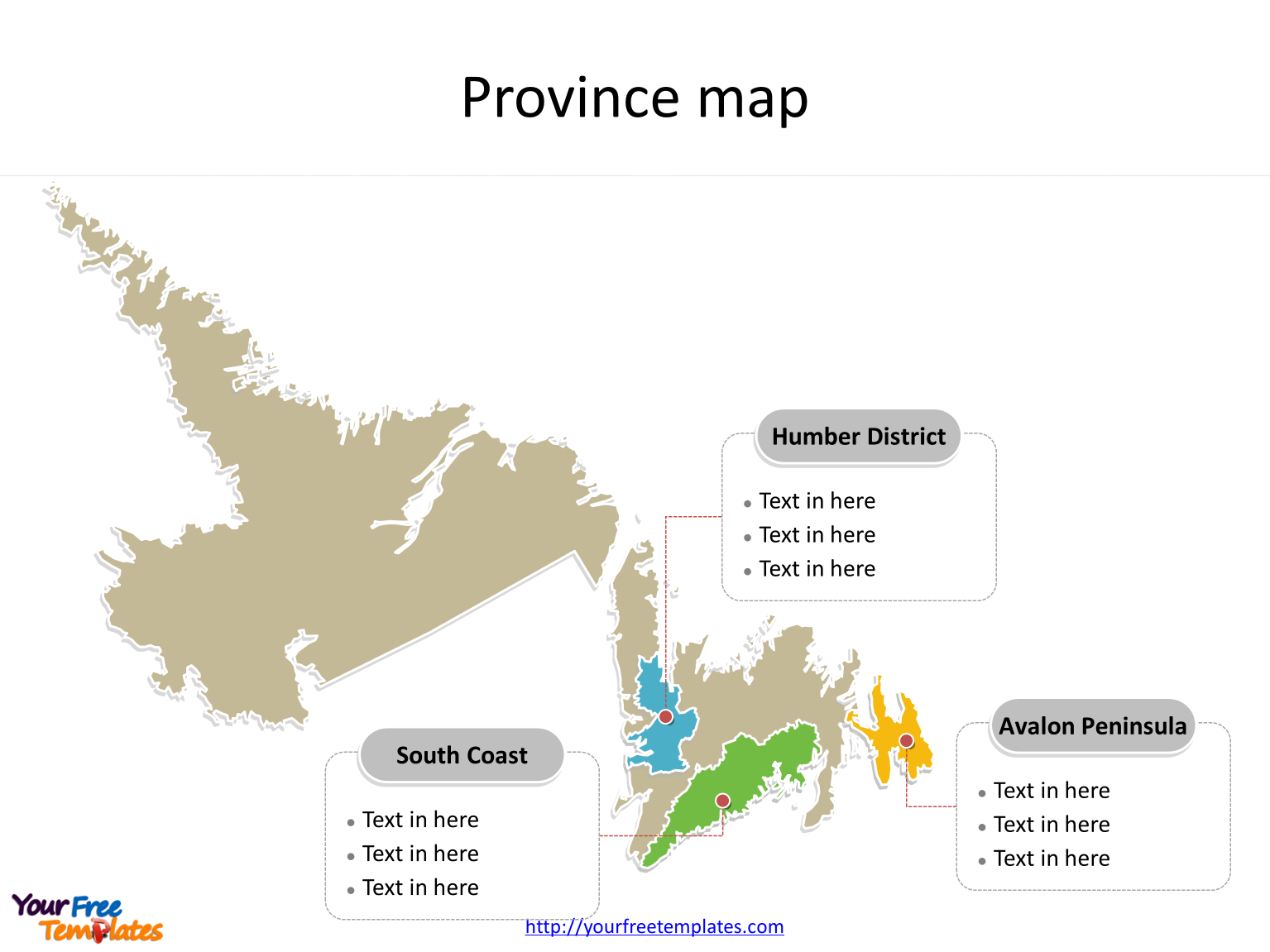 Province of Newfoundland and Labrador map with most populated census divisions labeled on the Newfoundland and Labrador maps PowerPoint templates