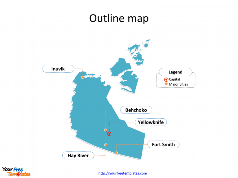 Northwest Territories map with outline and cities labeled on the Northwest Territories maps PowerPoint templates