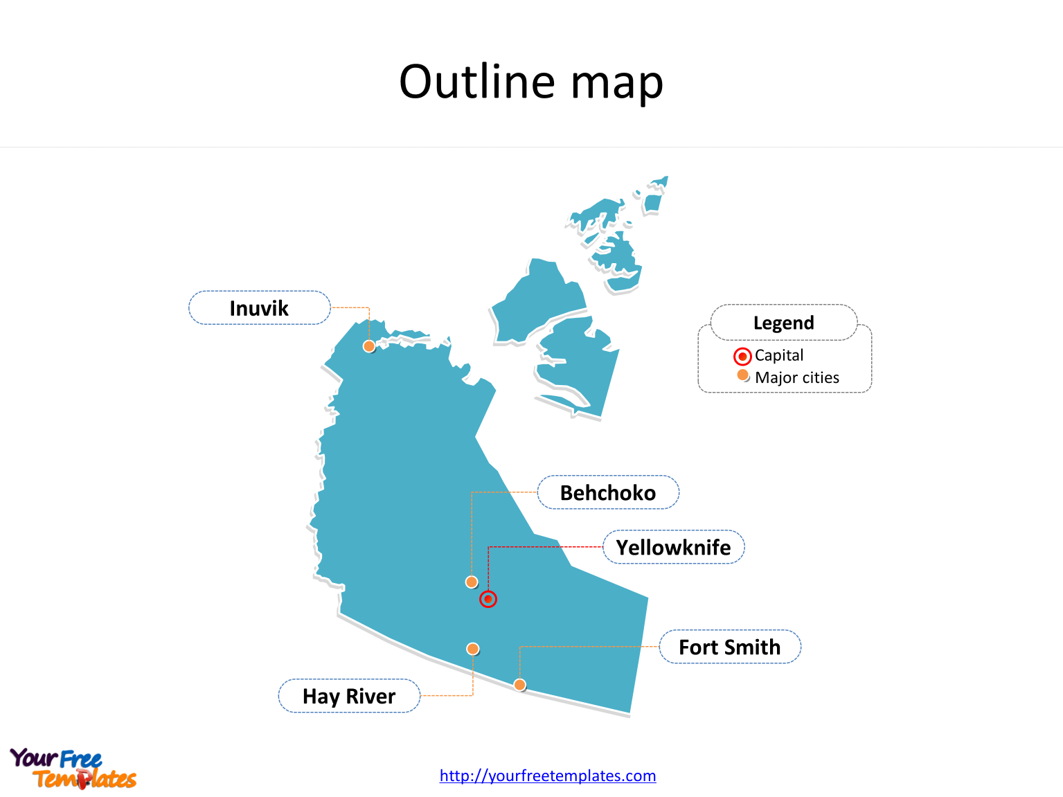 Northwest Territories map with outline and cities labeled on the Northwest Territories maps PowerPoint templates