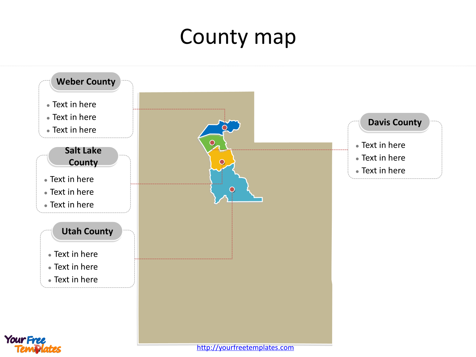 State of Utah map with most populated counties labeled on the Utah maps PowerPoint templates