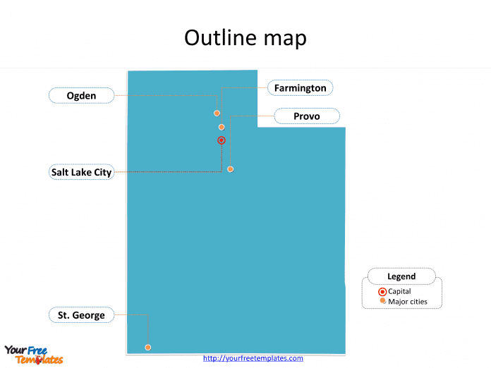 State of Utah map with outline and cities labeled on the Utah maps PowerPoint templates