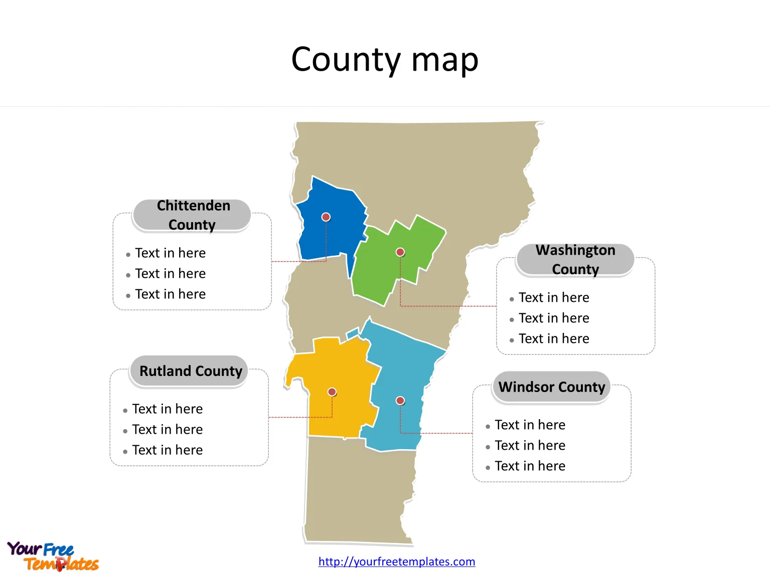State of Vermont map with most populated counties labeled on the Vermont maps PowerPoint templates