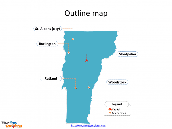 State of Vermont map with outline and cities labeled on the Vermont maps PowerPoint templates