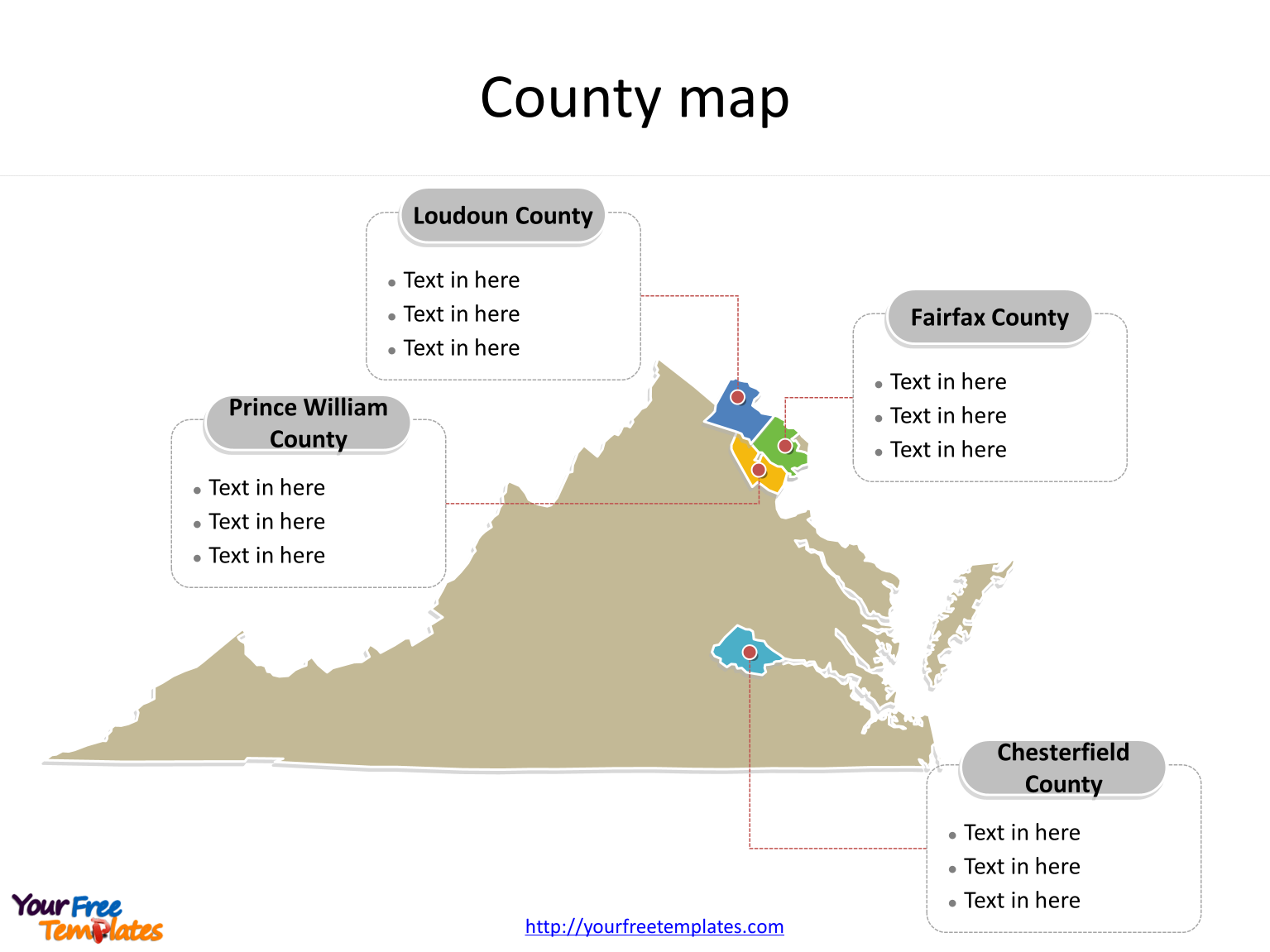 State of Virginia map with most populated counties labeled on the Virginia maps PowerPoint templates