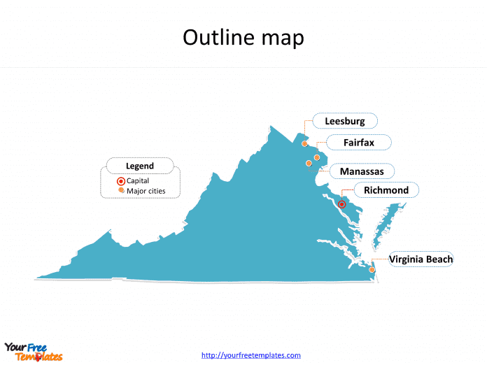 State of Virginia map with outline and cities labeled on the Virginia maps PowerPoint templates