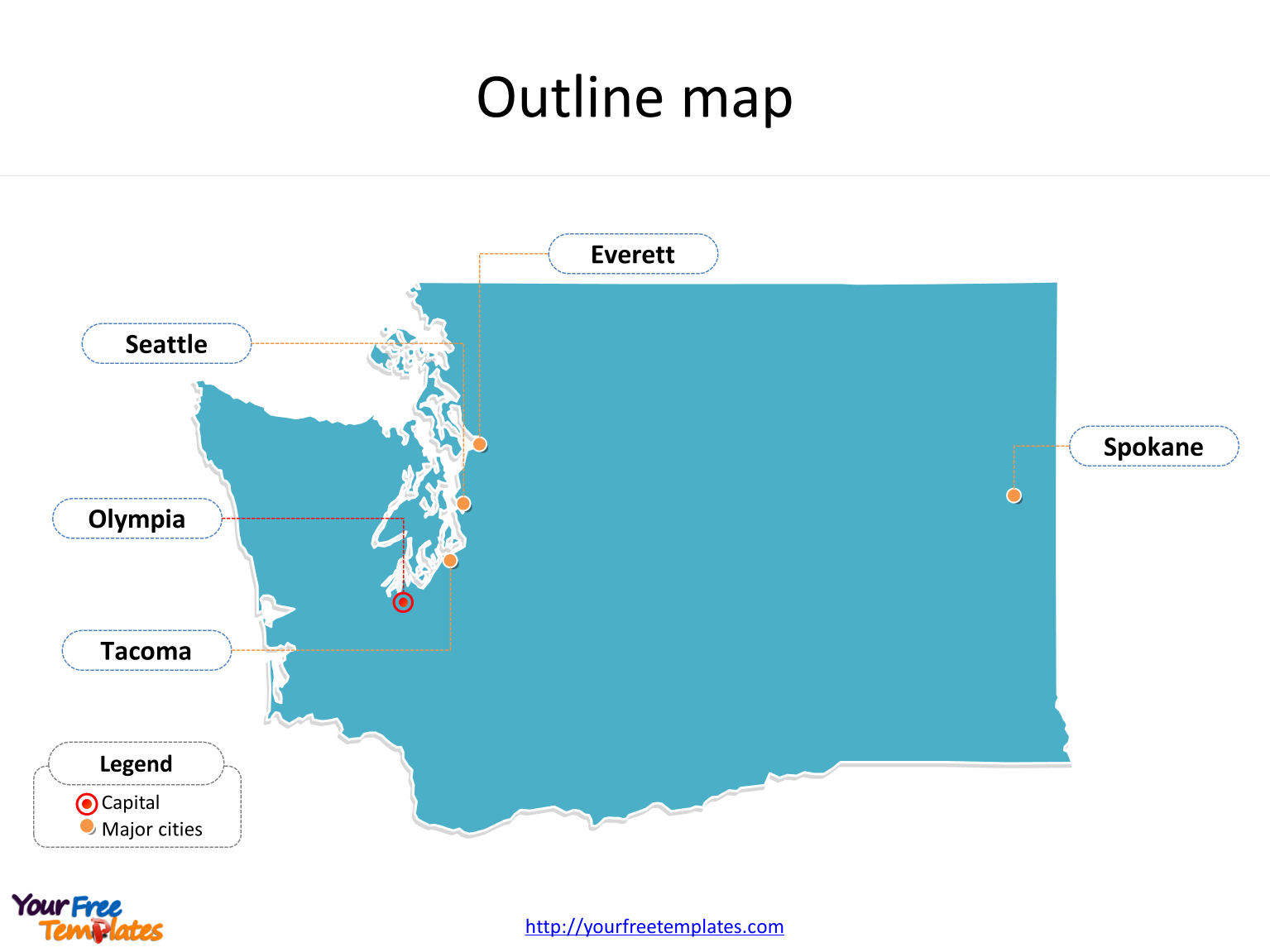 State of Washington map with most populated counties labeled on the Washington maps PowerPoint templates