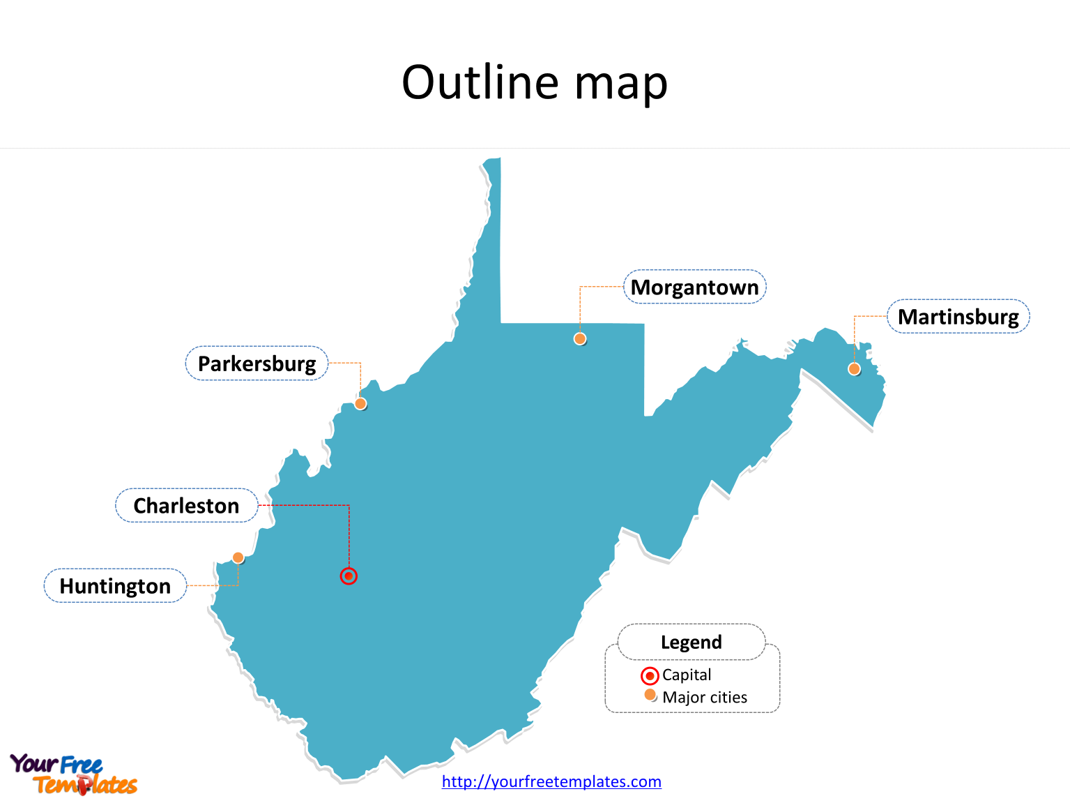 State of West Virginia map with outline and cities labeled on the West Virginia maps PowerPoint templates