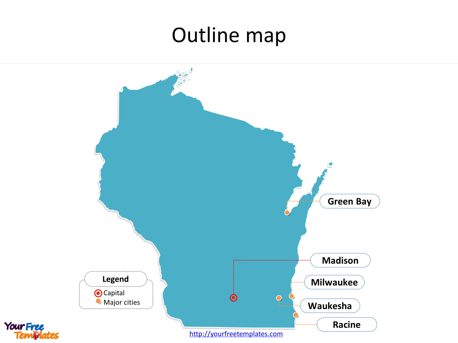 State of Wisconsin map with outline and cities labeled on the Wisconsin maps PowerPoint templates