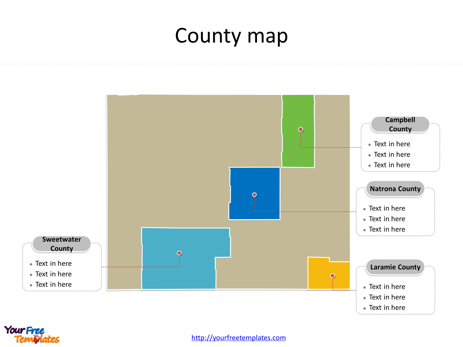 State of Wyoming map with most populated counties labeled on the Wyoming maps PowerPoint templates