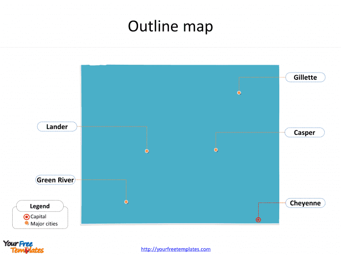 State of Wyoming map with outline and cities labeled on the Wyoming maps PowerPoint templates