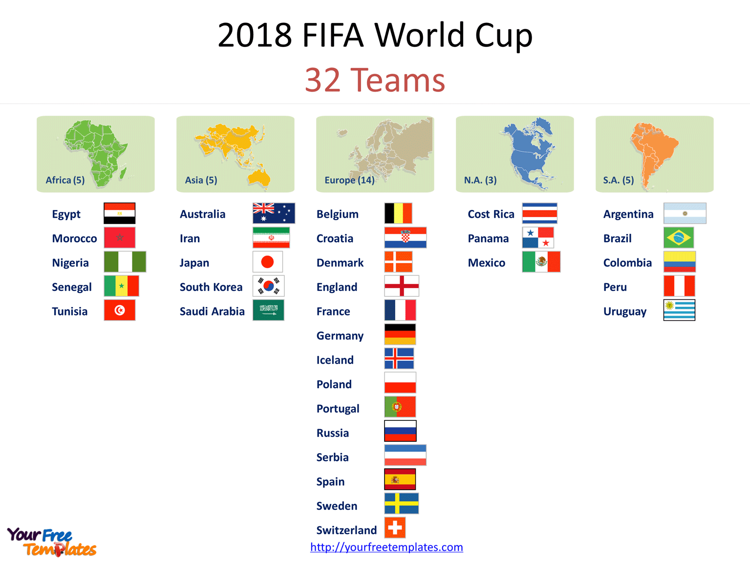 2018 FIFA World Cup with national flag icons for 32 teams on the 2018 FIFA World Cup PowerPoint templates