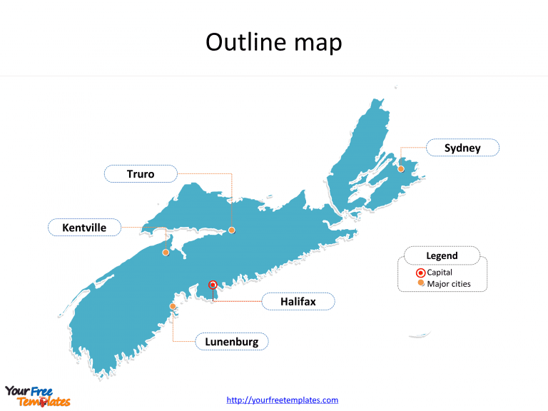 Province of Nova Scotia map with outline and cities labeled on the Nova Scotia maps PowerPoint templates