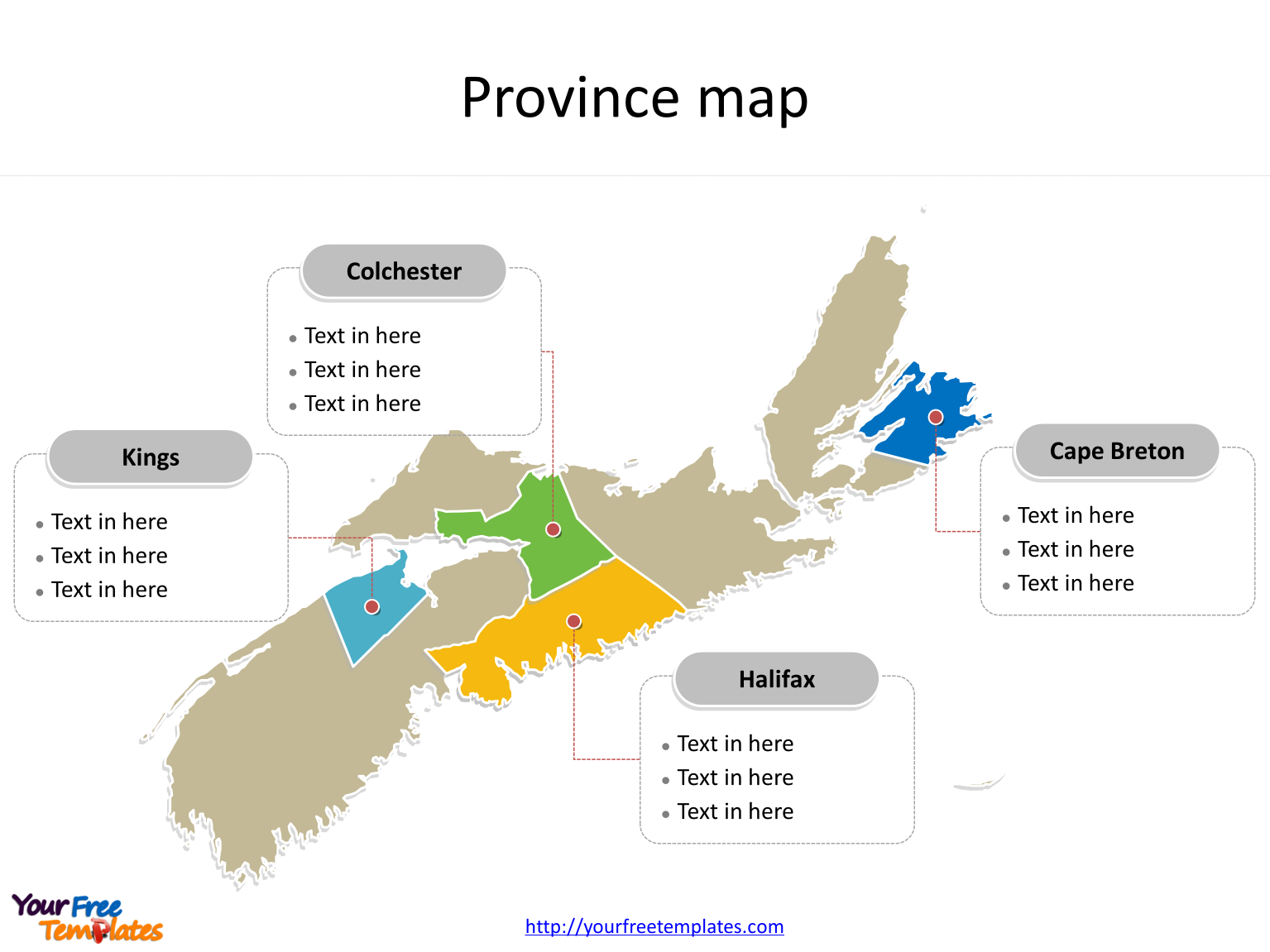 Province of Nova Scotia map with outline and cities labeled on the Nova Scotia maps PowerPoint templates
