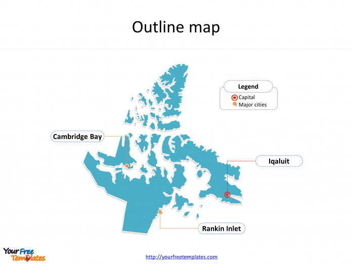 Territory of Nunavut map with outline and cities labeled on the Nunavut maps PowerPoint templates