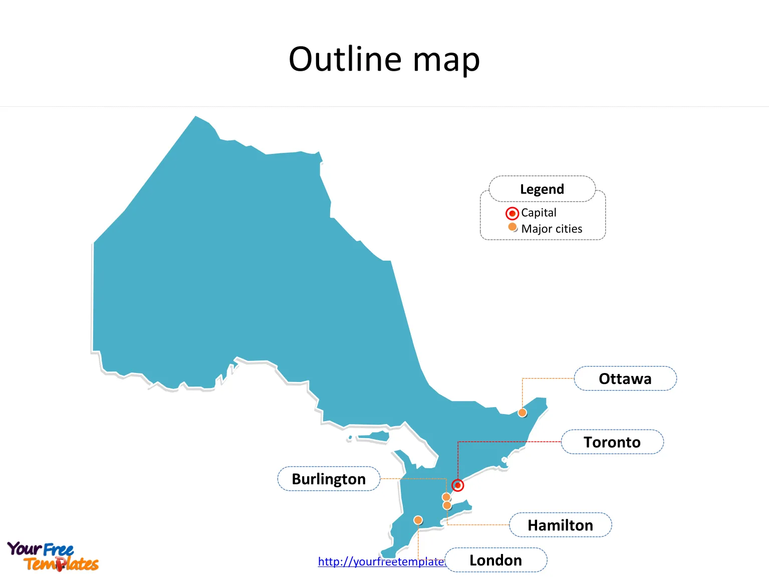 Province of Ontario map with outline and cities labeled on the Ontario maps PowerPoint templates