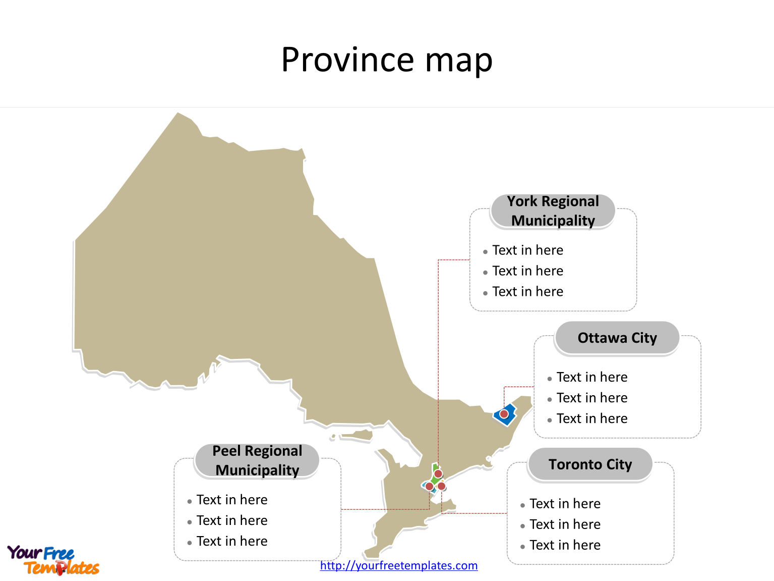 Province of Ontario map with outline and cities labeled on the Ontario maps PowerPoint templates