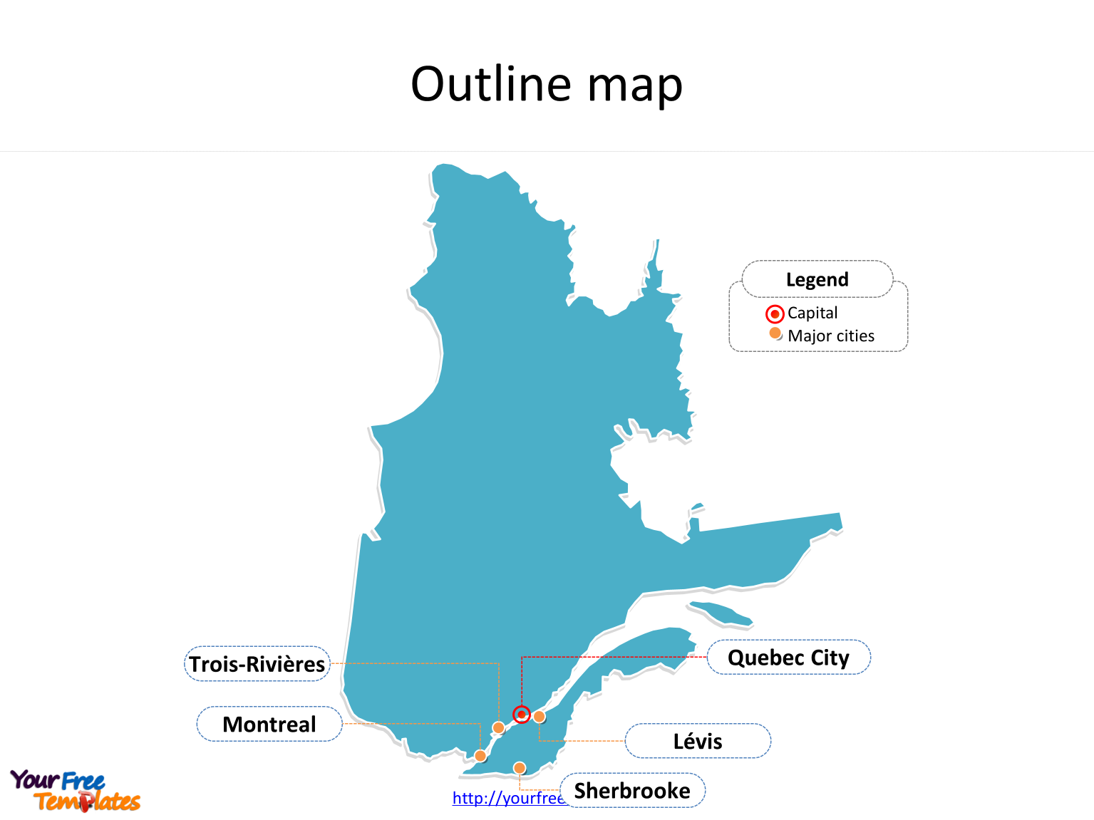 Province of Quebec map with outline and cities labeled on the Quebec maps PowerPoint templates