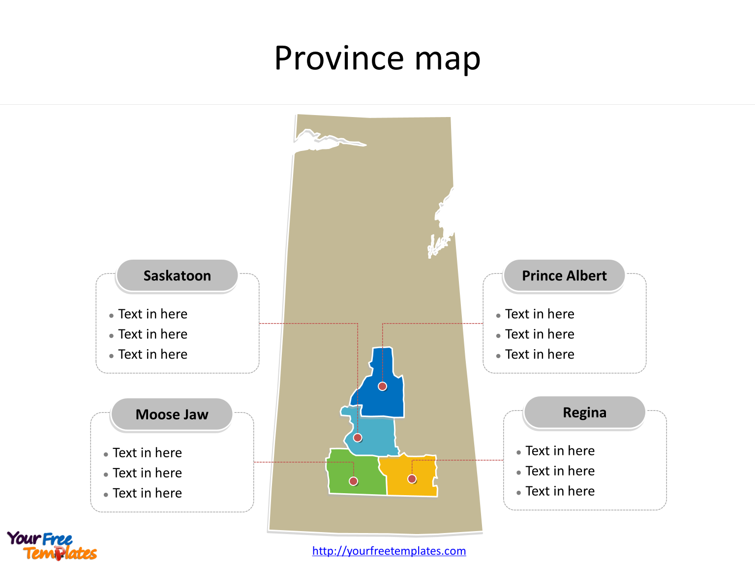 Province of Saskatchewan map with most populated census divisions labeled on the Saskatchewan maps PowerPoint templates