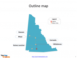 Province of Yukon map with outline and cities labeled on the Yukon maps PowerPoint templates