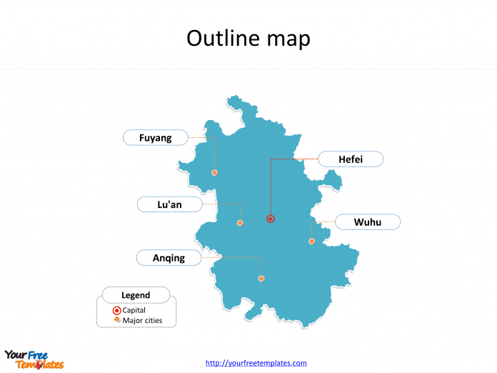 Province of Anhui map with outline and cities labeled on the Anhui maps PowerPoint templates