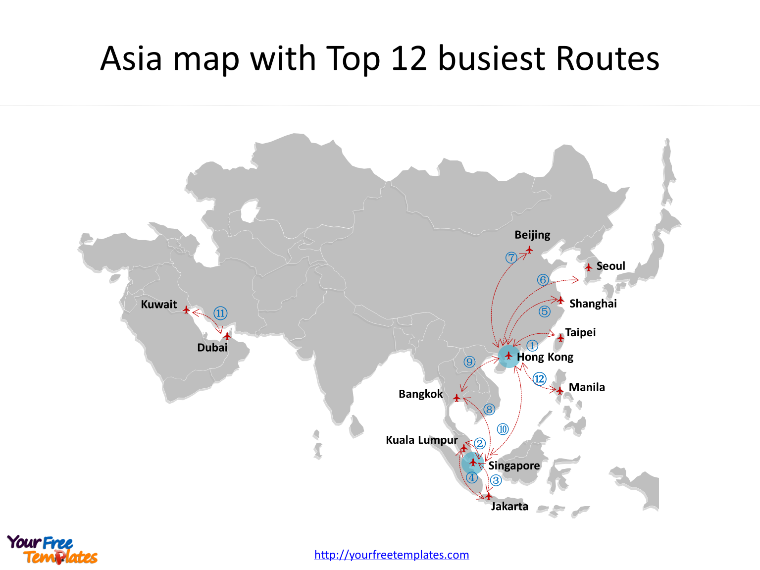 TOP busiest Air Routes on Asia map in PowerPoint templates