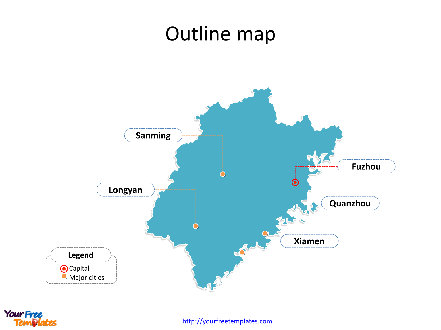 Province of Fujian map with outline and cities labeled on the Fujian maps PowerPoint templates