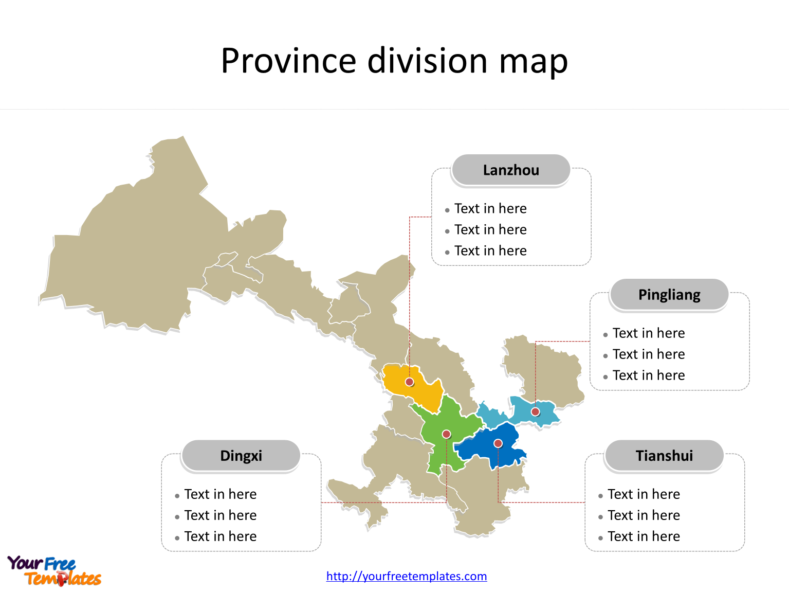 Province of Gansu map with most populated divisions labeled on the Gansu maps PowerPoint templates