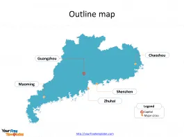 Province of Guangdong map with outline and cities labeled on the Guangdong maps PowerPoint templates