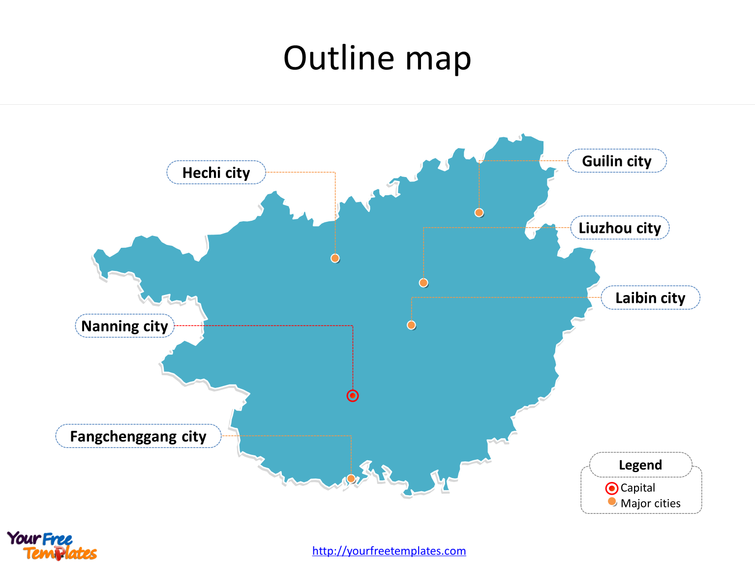 Guangxi Zhuang Autonomous Region of Guangxi map with outline and cities labeled on the Guangxi maps PowerPoint templates