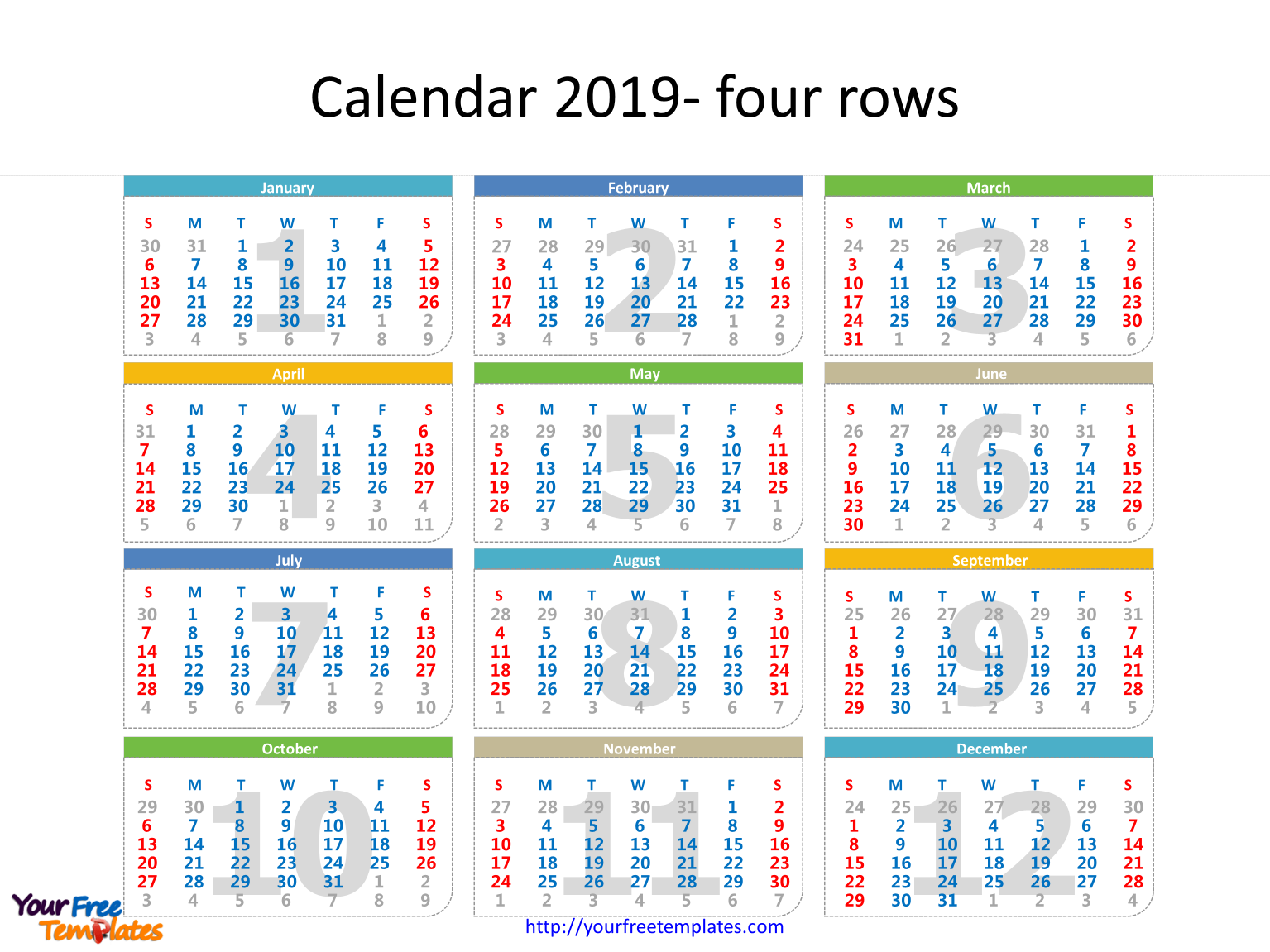 printable calendar 2019 template with every date in it