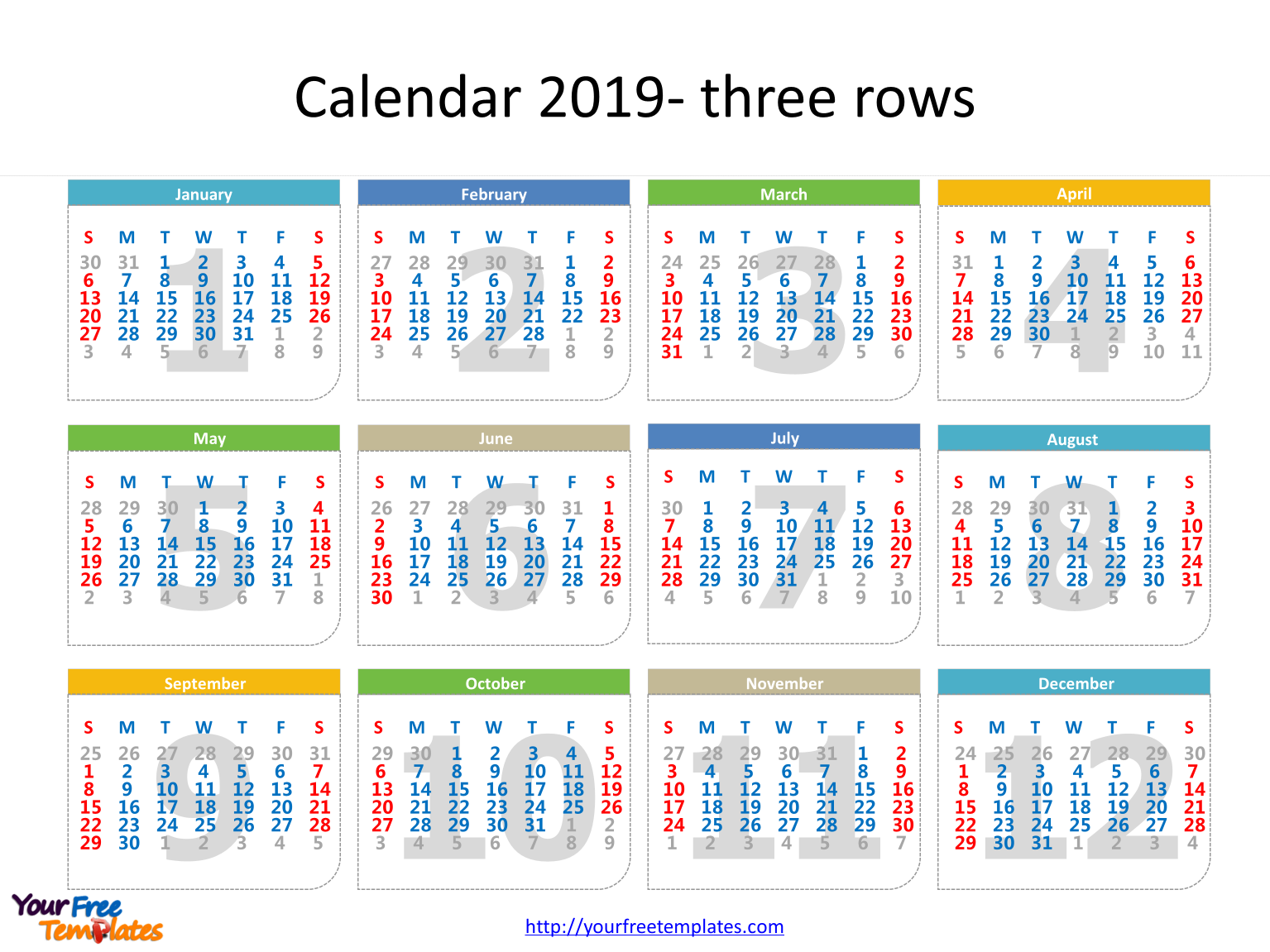 printable calendar 2019 template with every date in it