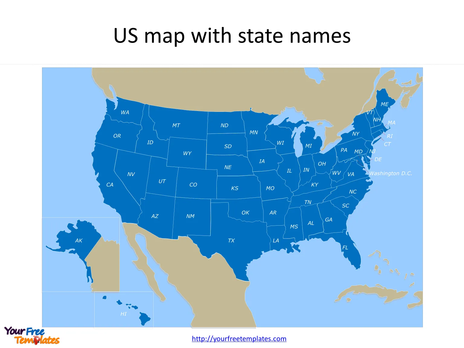 US map with state names of two-letter abbreviation
