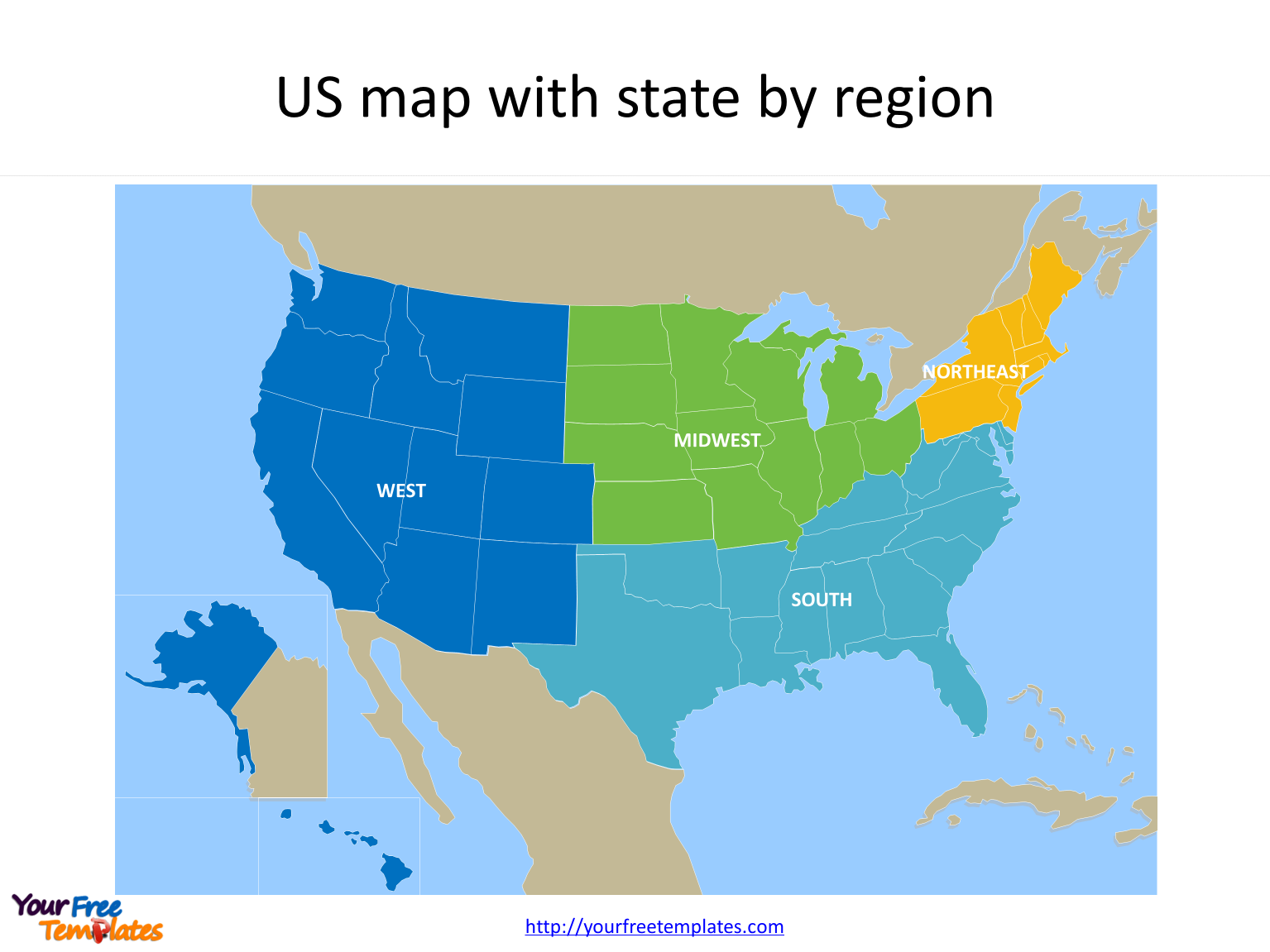 US map with state names of two-letter abbreviation