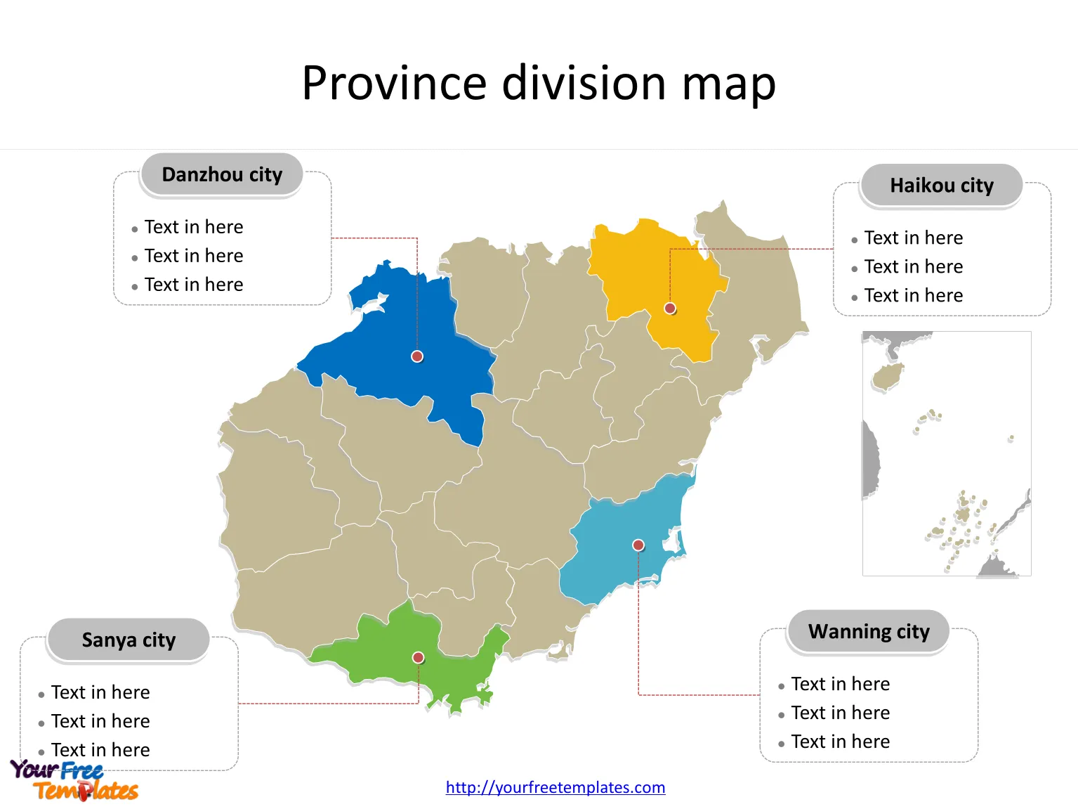 Province of Hainan map with most populated divisions labeled on the Hainan maps PowerPoint templates