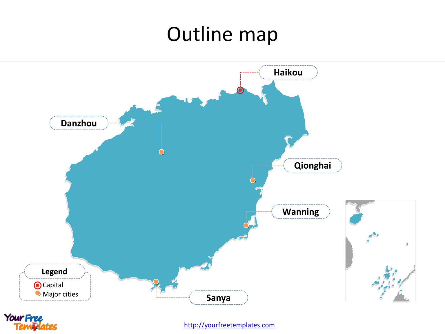 Province of Hainan map with outline and cities labeled on the Hainan maps PowerPoint templates