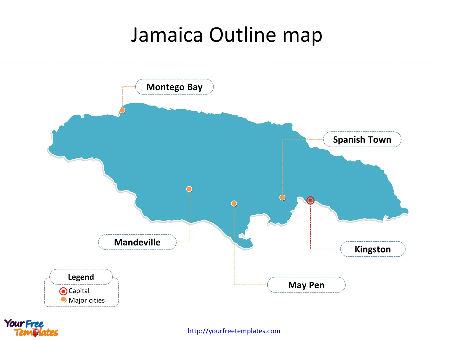 Map of Jamaica with outline and cities labeled on the Jamaica map blank templates