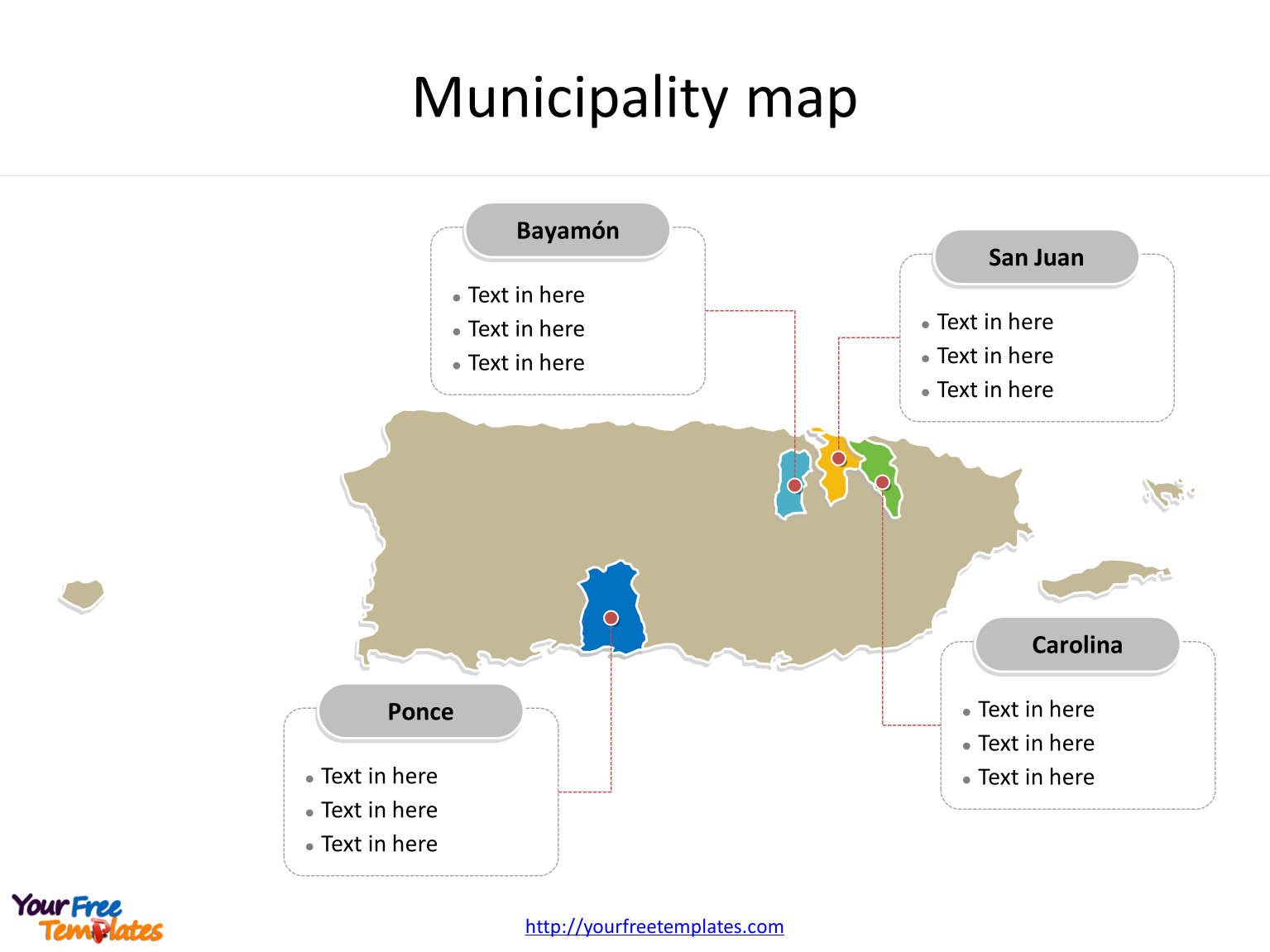 State of Puerto Rico map with most populated Municipalities labeled on the Puerto Rico maps PowerPoint templates