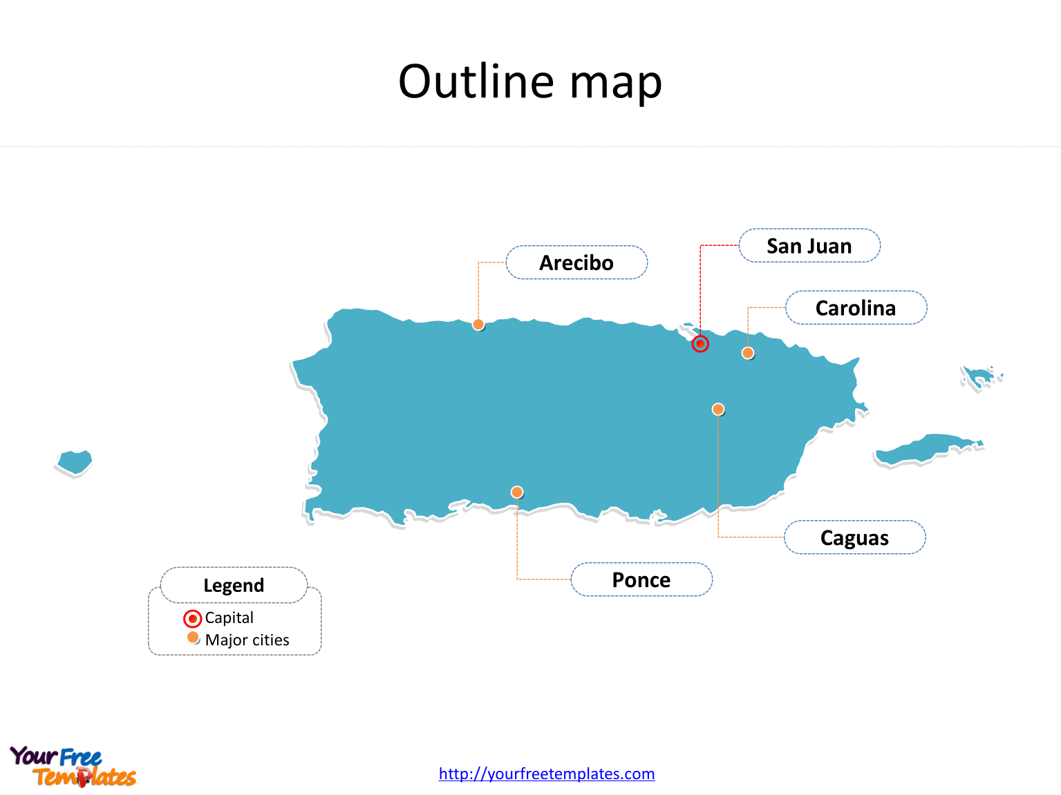 State of Puerto Rico map with outline and cities labeled on the Puerto Rico maps PowerPoint templates