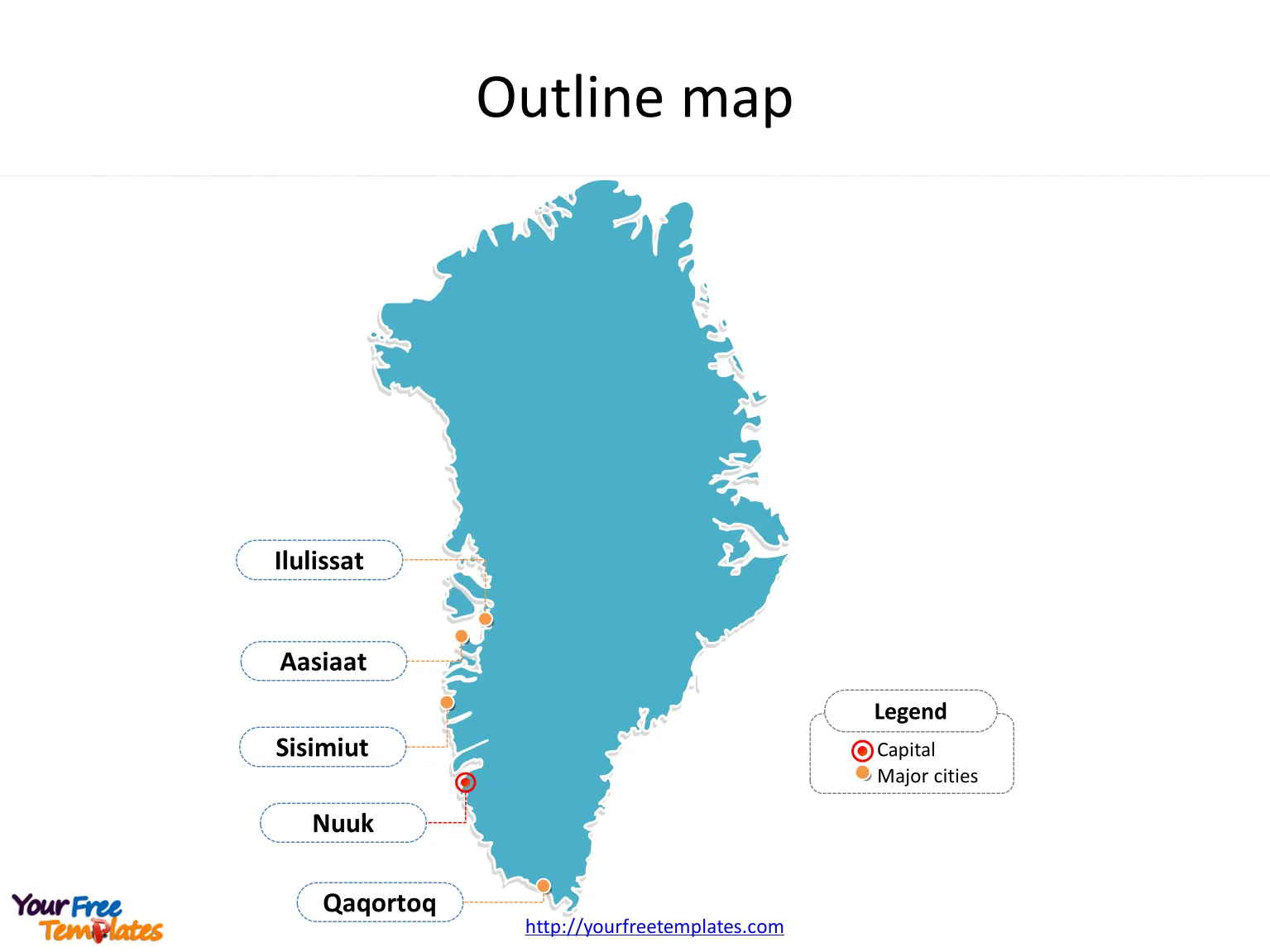 Map of Greenland with outline and cities labeled on the Greenland map free templates